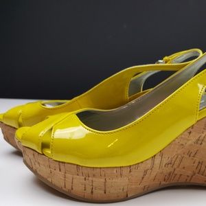 Retro Yellow Patent leather/Cork Wedge, unique classic preppyMarc Fisher, Size 6